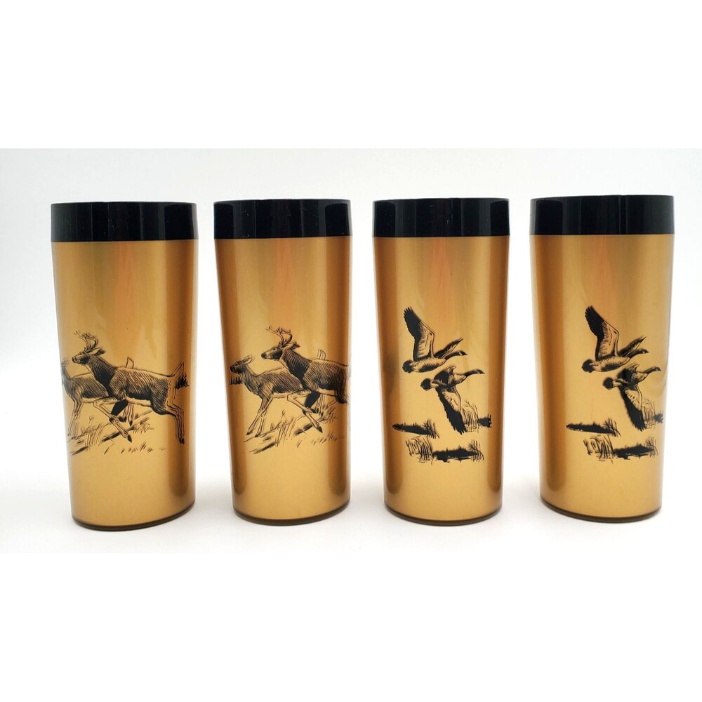 MCM Vintage NFC Plastic Tumblers Set 4 Wildlife Design Deer Geese Insulated Gold